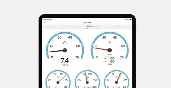 A tablet screen displaying a nautical dashboard app with five gauges showing boat speed, RPM, and engine monitoring data.