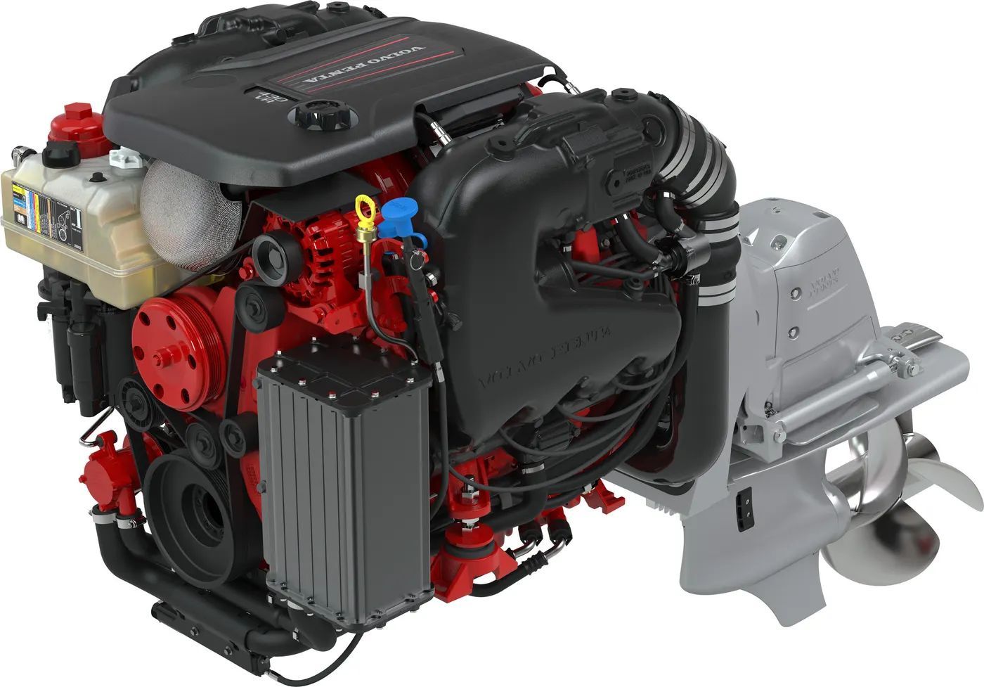 A red marine engine with a black engine cover and attached silver stern drive unit with a propeller.
