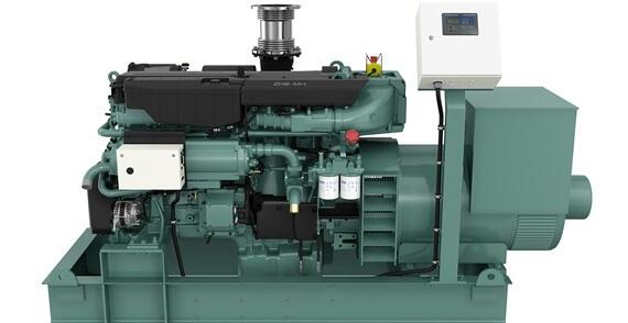 A teal industrial diesel generator set with a control panel, engine, and alternator mounted on a base frame.