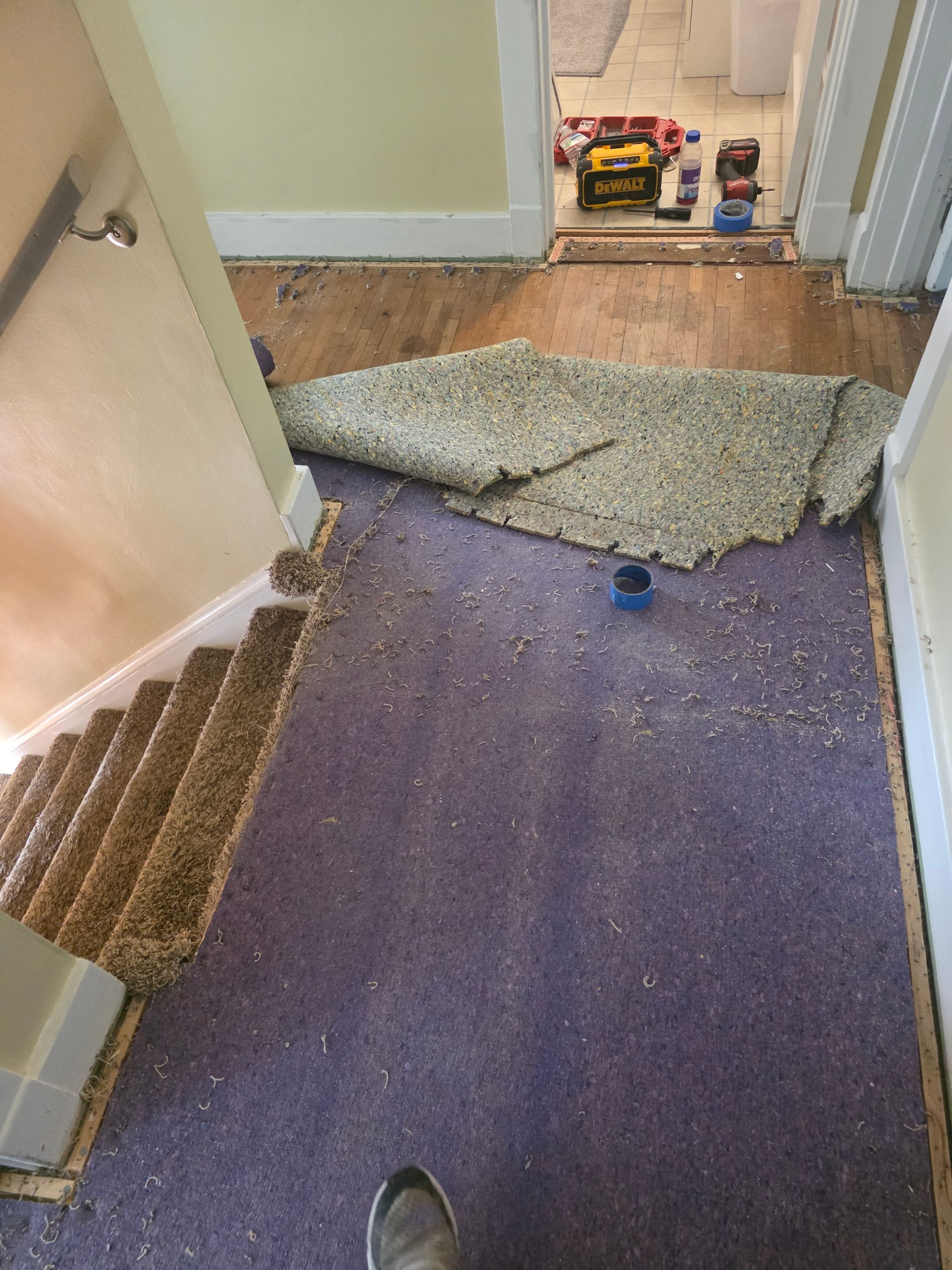 Staircase landing with a large torn carpet and a purple floor, leading to a doorway with items on the floor.