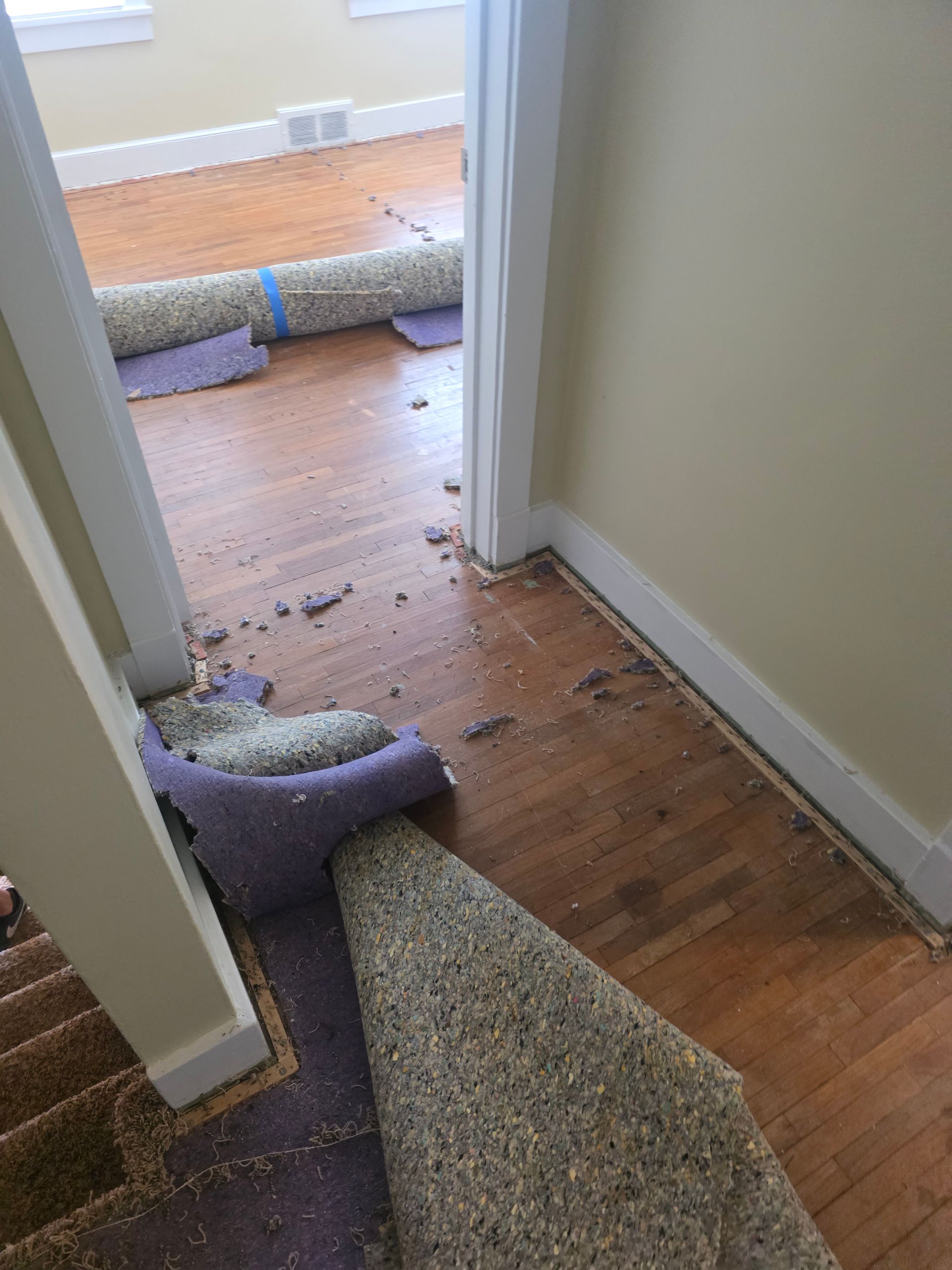 Hallway with scattered rugs on a hardwood floor, leading to a doorway and bright room beyond.