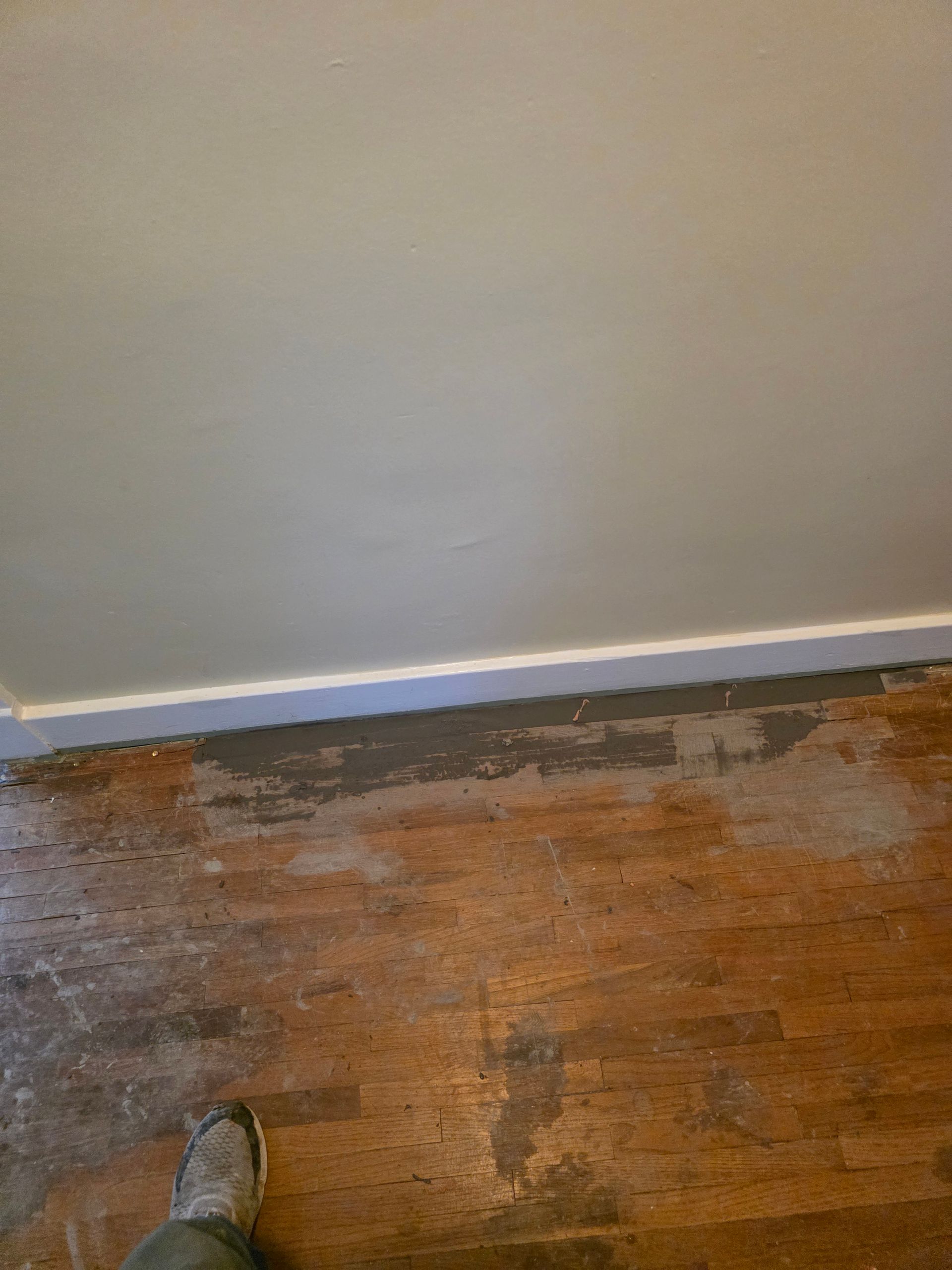 Water-damaged hardwood floor with peeling baseboard paint and a shoe tip visible at bottom left