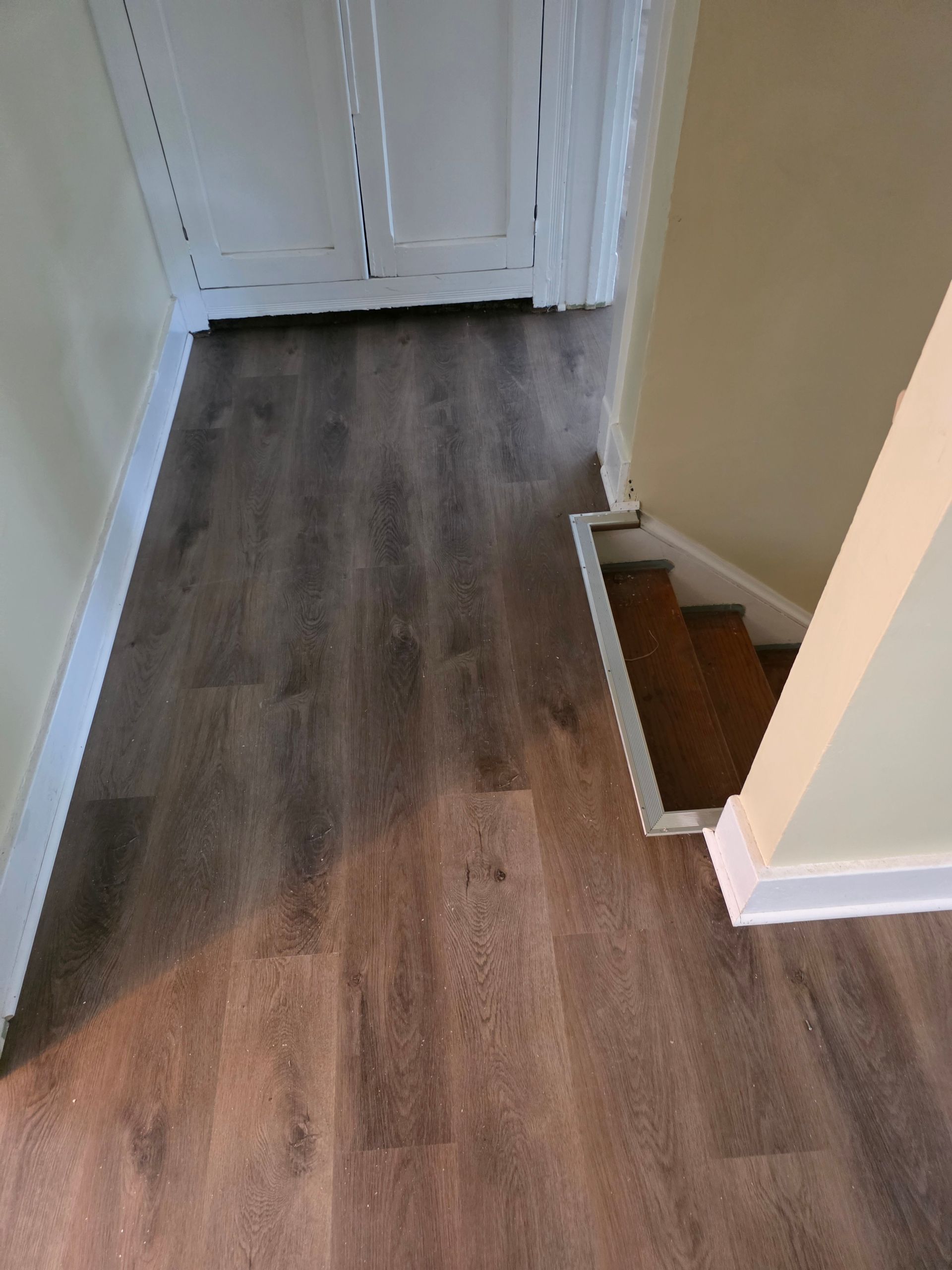 Hallway with wood-look flooring, white doors, and a small step down to stairs on the right