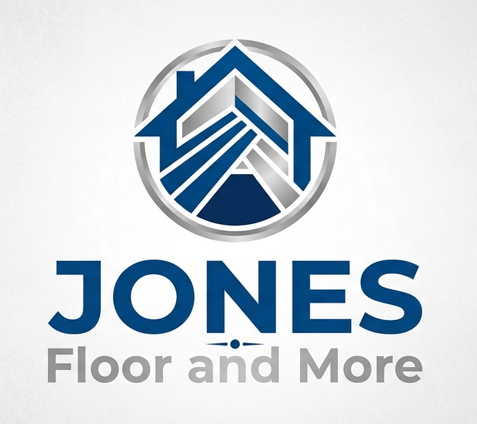 Jones Floor and More logo with blue house icon and gray text on a white background