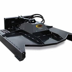 A black lawn mower is sitting on top of a white surface.
