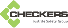 The checkers justrite safety group logo is green and black