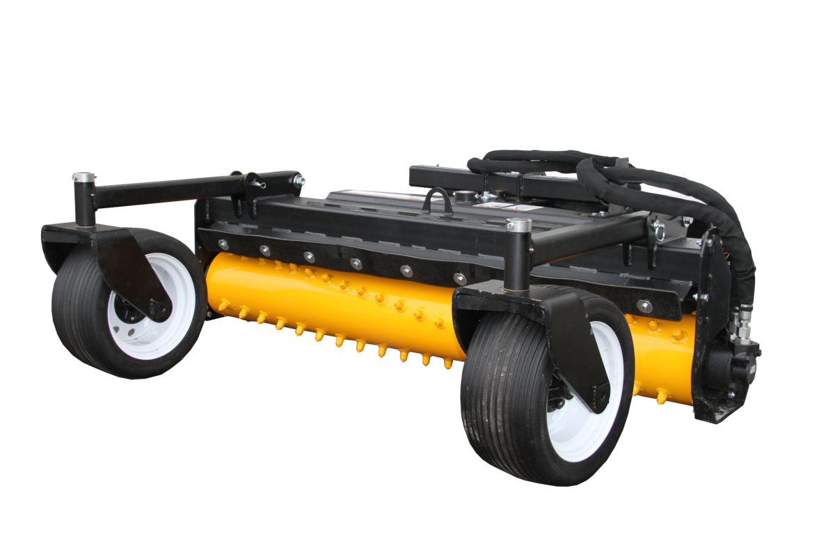 A yellow and black machine with wheels on a white background.