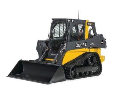 A yellow and black deere track loader with a bucket on a white background.