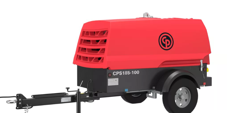 A red and black air compressor on a trailer on a white background.
