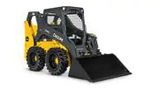 A yellow and black skid steer loader with a black bucket on a white background.