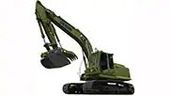 A green excavator with a large bucket on a white background.