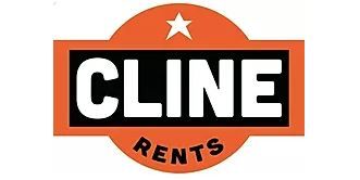 The logo for cline rents is orange and black and has a star on it.