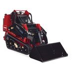 A red and black tractor with a black bucket on a white background.