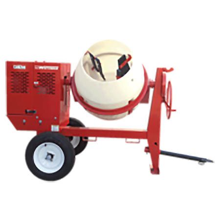 A red and white concrete mixer on wheels on a white background