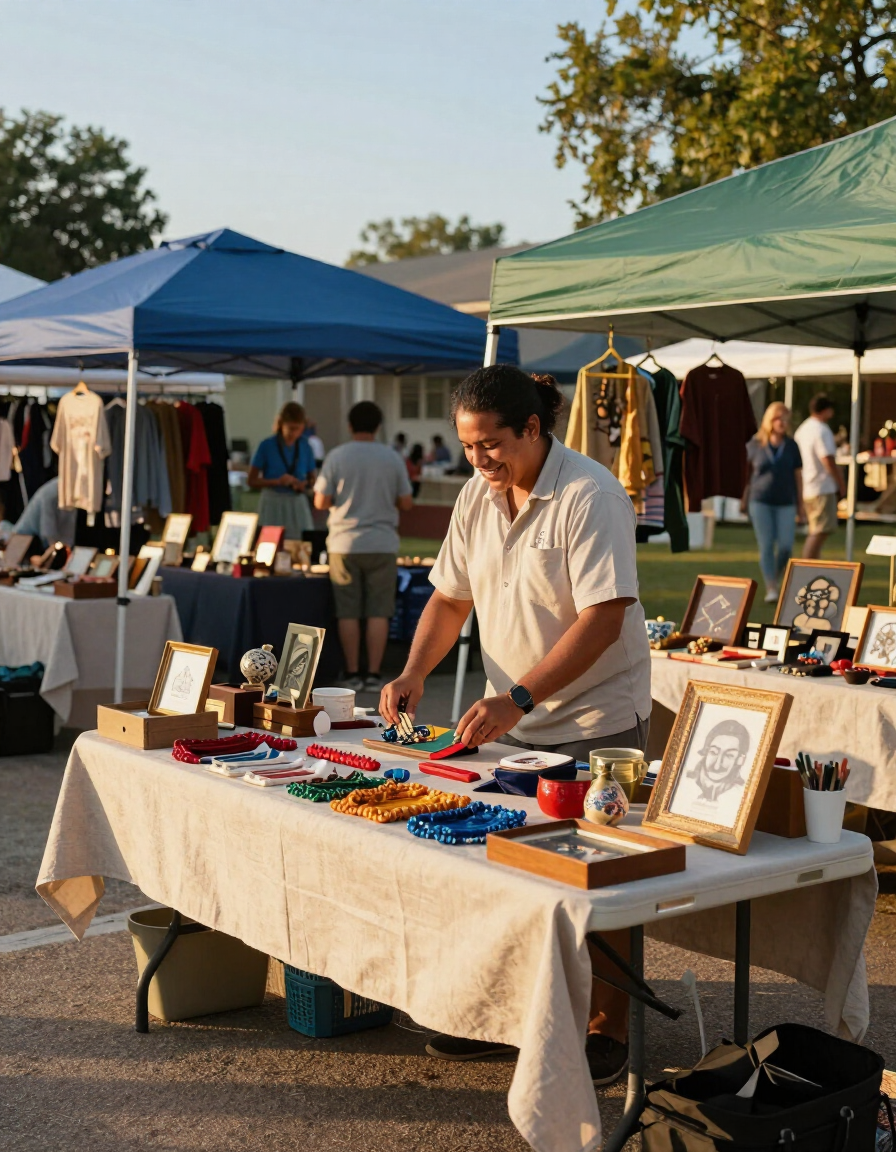 Vendor arranging merchandise at Joaquin Outdoor Flea Market