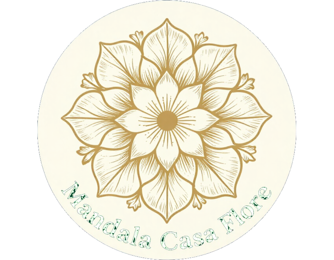 Logotipo de mandala floral dorada con el texto en color turquesa “Amoda Care Home” sobre un círculo color crema