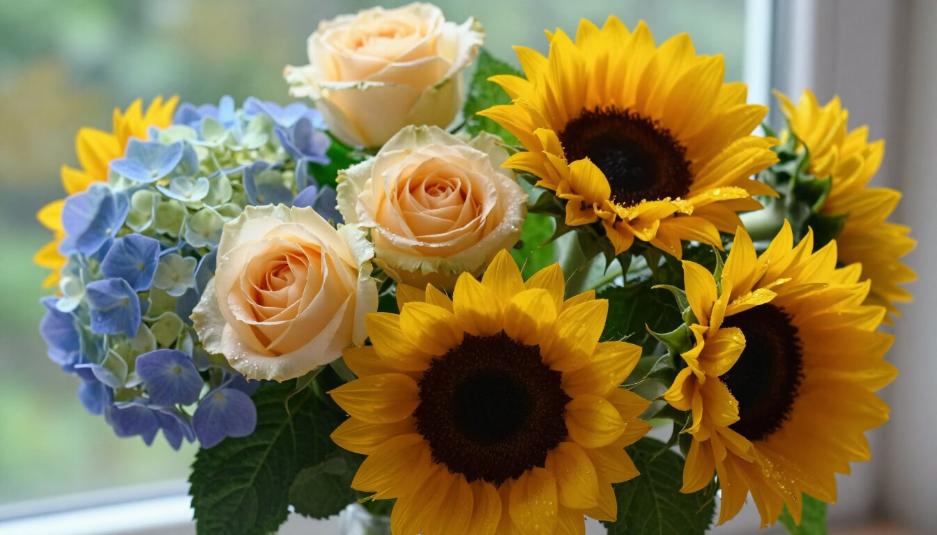 Ramo de rosas color crema, hortensias azules y girasoles de un amarillo intenso junto a una ventana