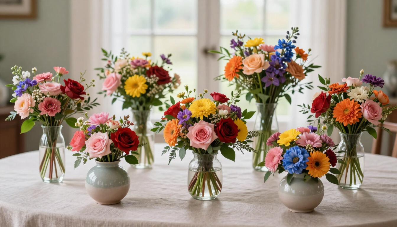 Cinco ramos de flores de colores en jarrones, dispuestos sobre una mesa blanca en el interior