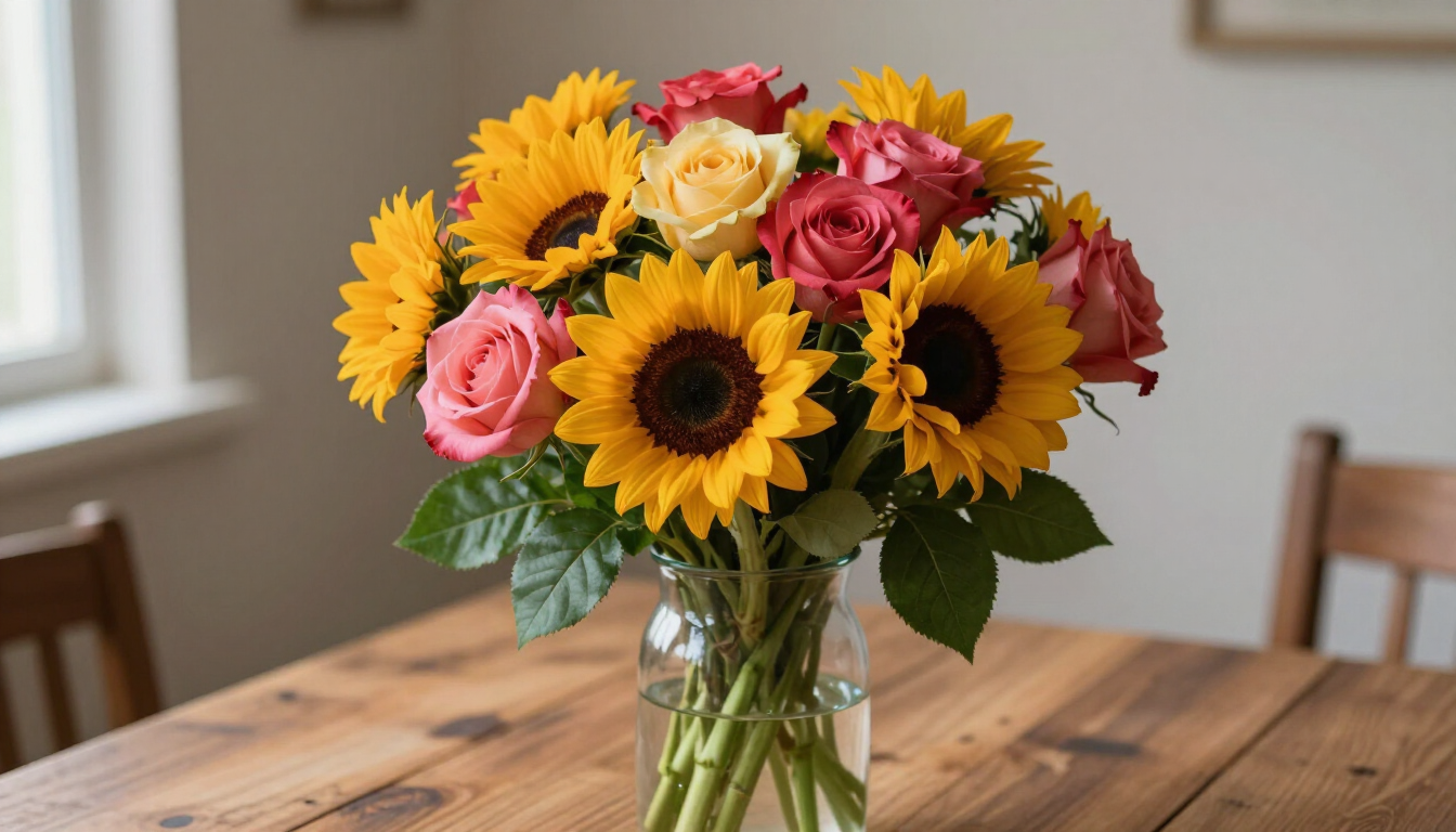 Ramo de girasoles y rosas rosas en un jarrón de cristal sobre una mesa de madera