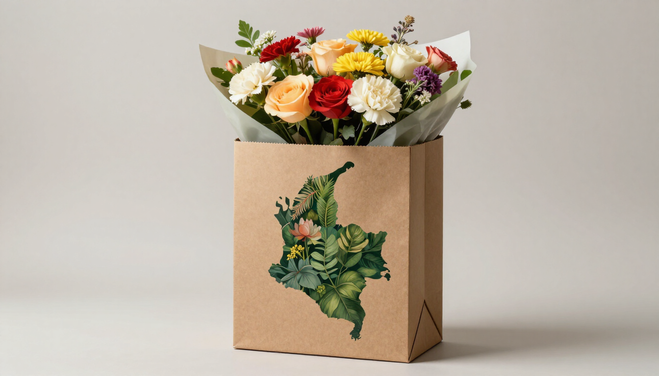 Ramo de flores variadas en una bolsa de regalo de papel marrón con un diseño floral