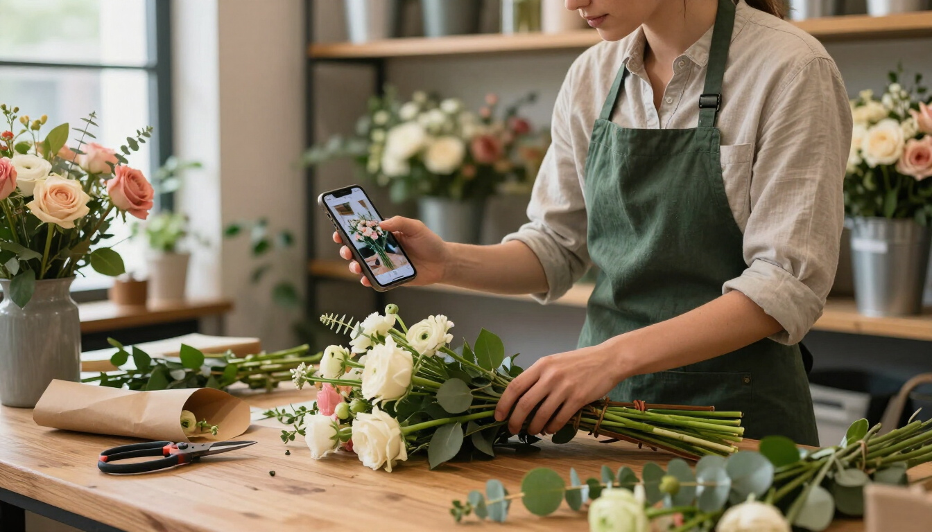 Una florista coloca flores blancas sobre una mesa de madera mientras mira el móvil en una tienda luminosa