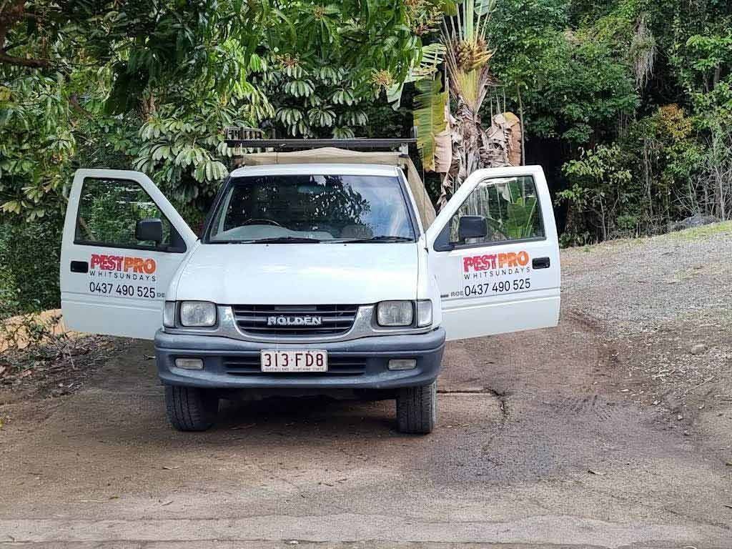 White Isuzu truck with open doors; parked on a gravel road