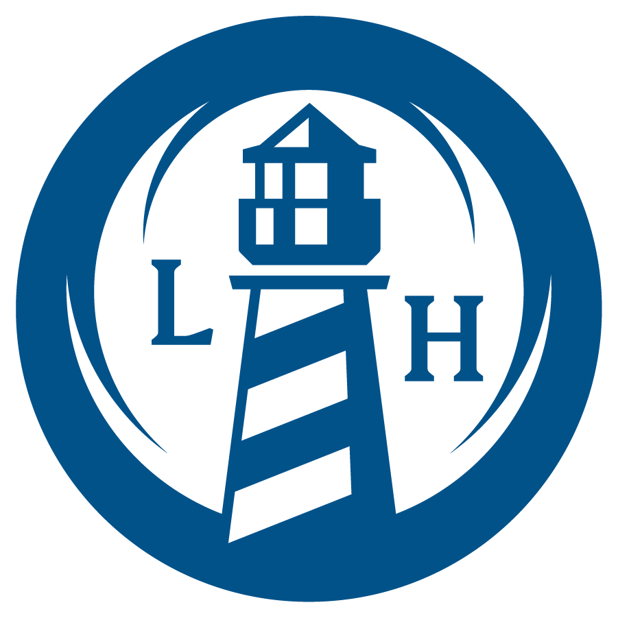 Blue lighthouse logo with L and H letters inside a circular border