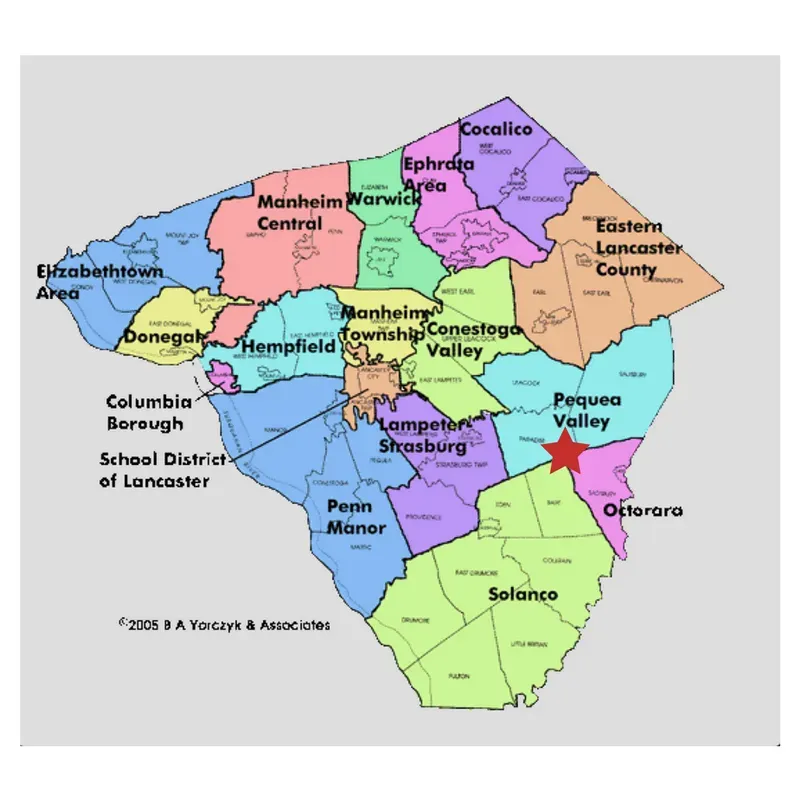 Map of Lancaster County, PA, with school district boundaries highlighted in various colors.