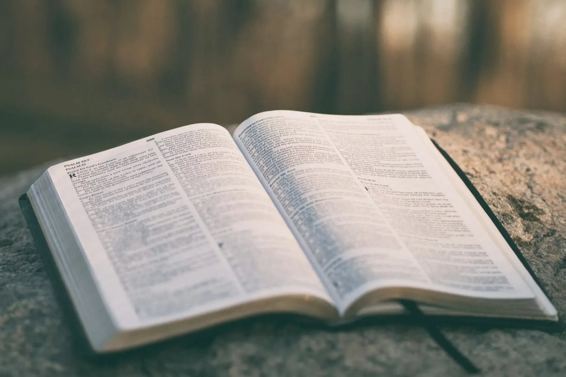 Open Bible on a stone, pages visible. Black bookmark.