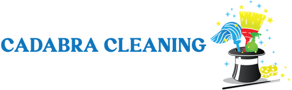 Logo for Cadabra Cleaning with text and a magic hat with cleaning supplies.
