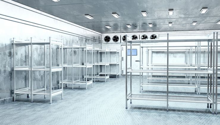 Empty sterile lab room with metal shelving, glass enclosures, and bright fluorescent lighting. Empty sterile lab room with metal shelving, glass enclosures, and bright fluorescent lighting.