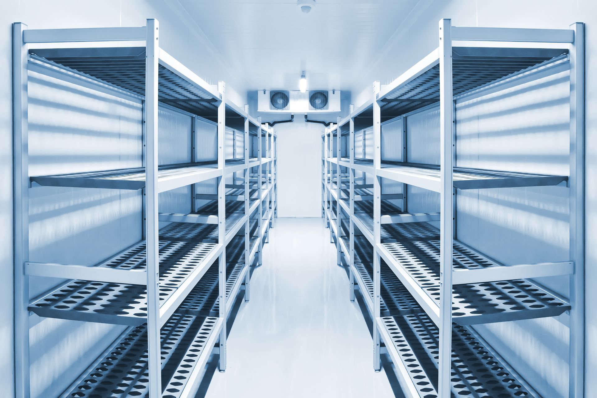 Empty metal shelves in a bright, sterile storage aisle with a glossy white floor Empty metal shelves in a bright, sterile storage aisle with a glossy white floor