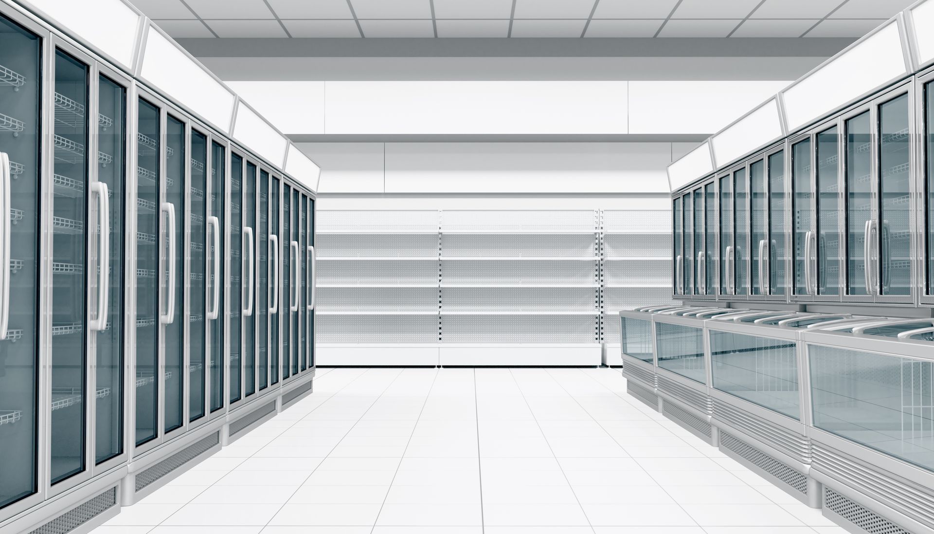 A bright, empty grocery store aisle with glass-door refrigerators on both sides A bright, empty grocery store aisle with glass-door refrigerators on both sides