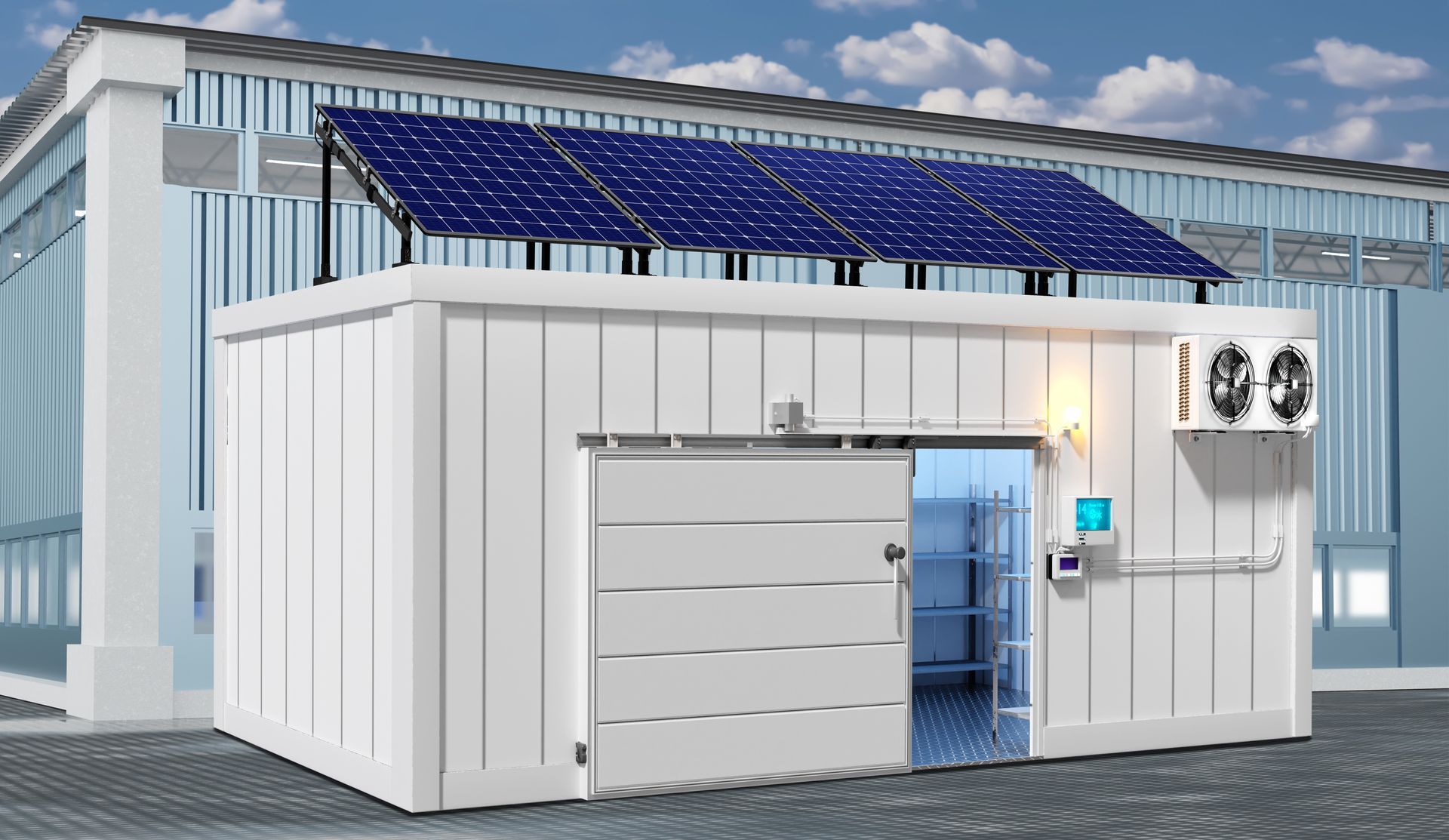 White solar-powered container building with a garage door and blue entrance door, set outdoors. White solar-powered container building with a garage door and blue entrance door, set outdoors.