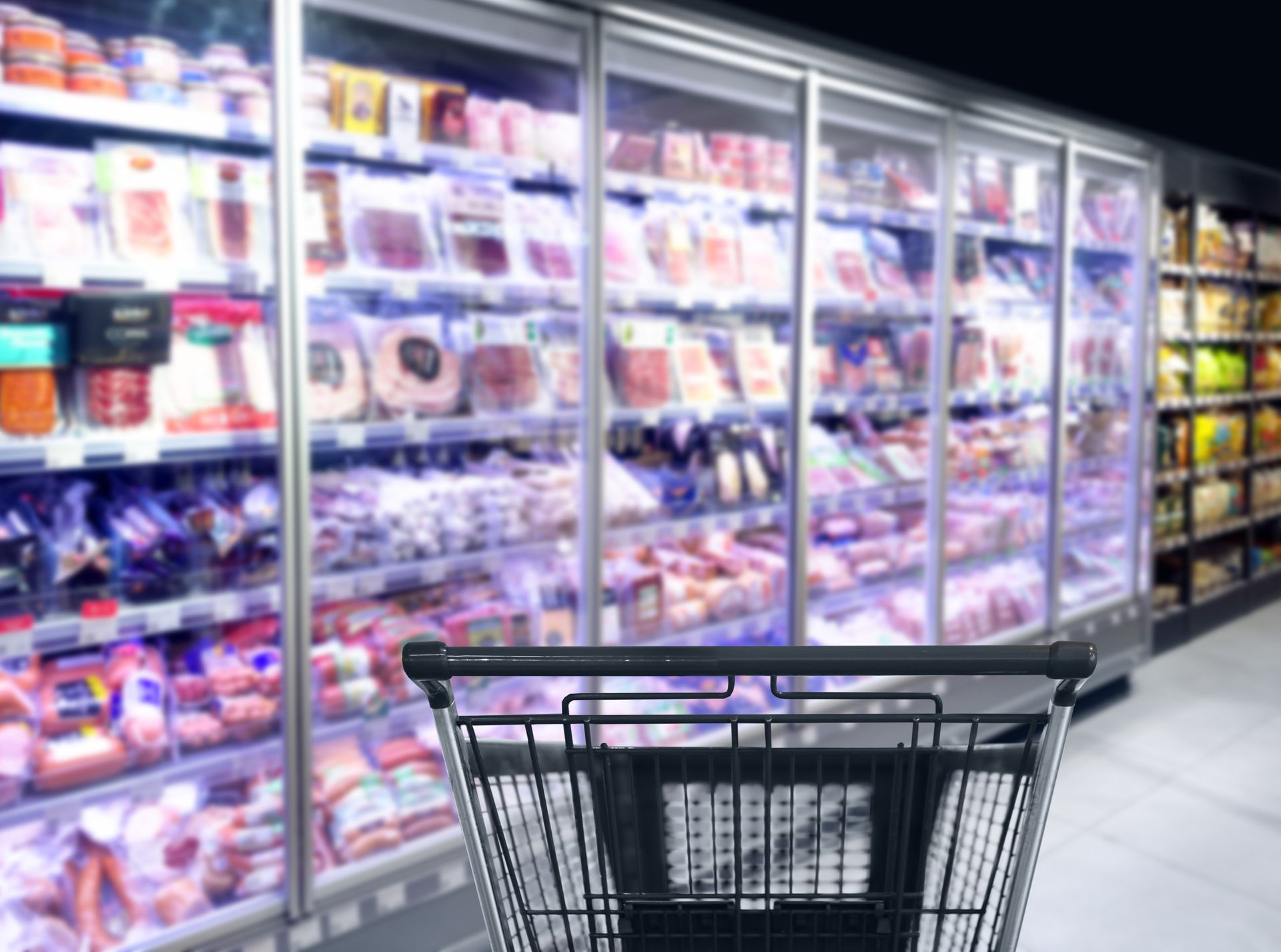 Shopping cart in a brightly lit grocery freezer aisle with shelves of frozen foods. Shopping cart in a brightly lit grocery freezer aisle with shelves of frozen foods.