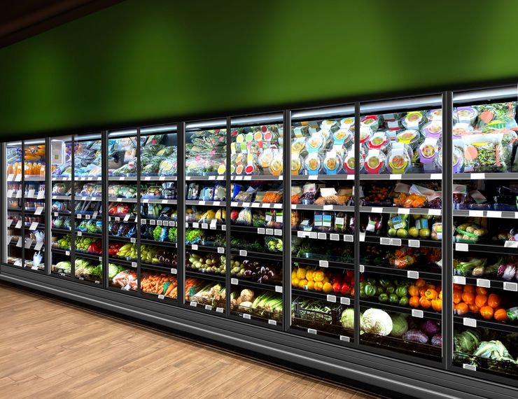 Long refrigerated grocery aisle with glass-doored cases stocked with colorful produce and packaged foods Long refrigerated grocery aisle with glass-doored cases stocked with colorful produce and packaged foods