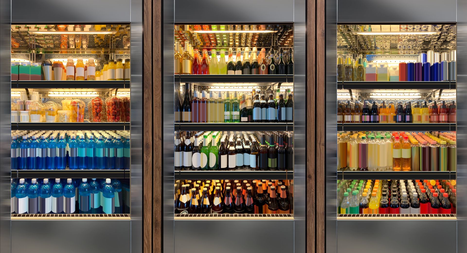 Glass-front beverage coolers stocked with assorted colorful drinks and bottles Glass-front beverage coolers stocked with assorted colorful drinks and bottles