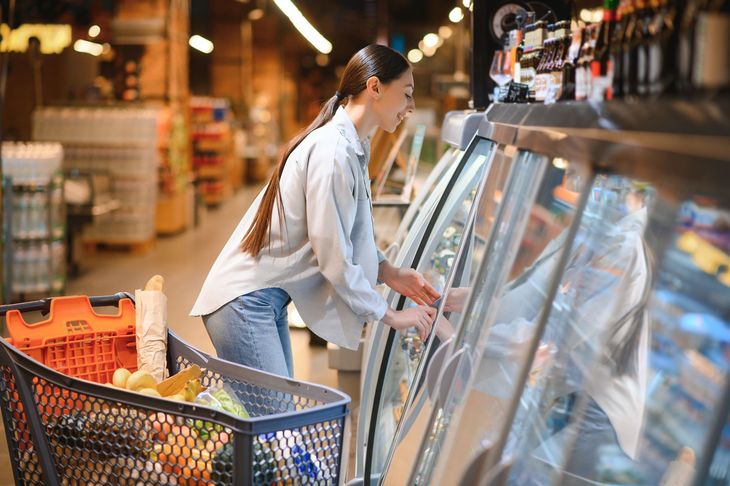 Woman selecting items at a grocery store freezer aisle with a shopping cart nearby Woman selecting items at a grocery store freezer aisle with a shopping cart nearby
