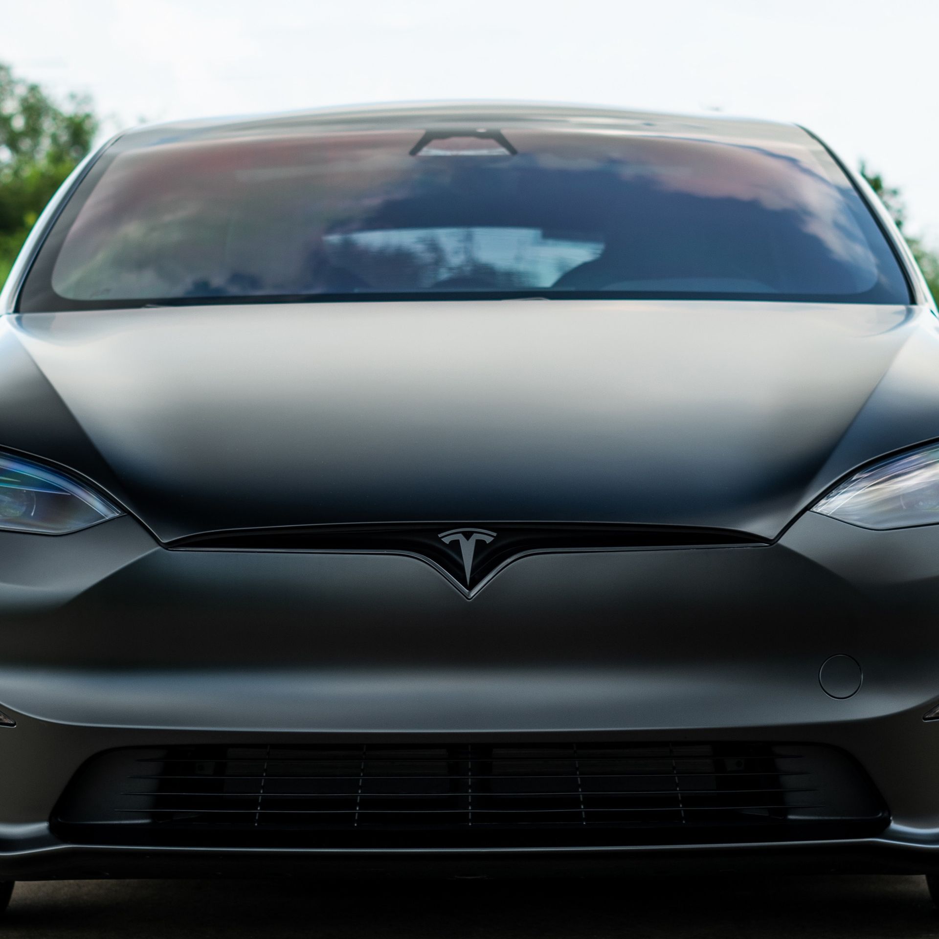 A close up of the front of a tesla model s
