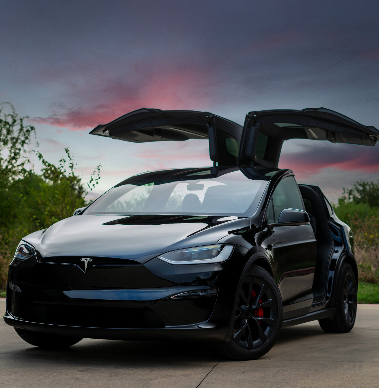 A black tesla model x with its doors open