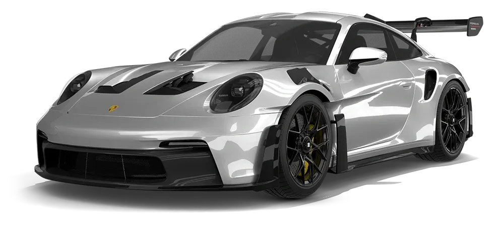 Silver Porsche sports car with black wheels and rear wing on a white background