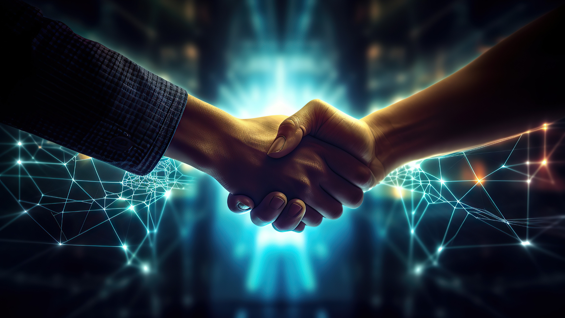 Two people are shaking hands in front of a digital background.