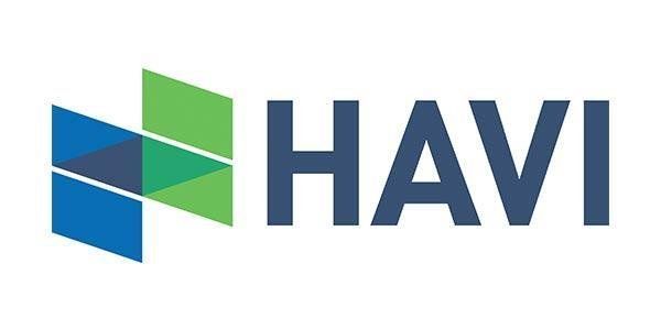 A blue and green logo for havi with a white background.