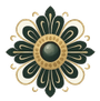 Disegno floreale verde scuro e oro, simmetrico, con perlina centrale.