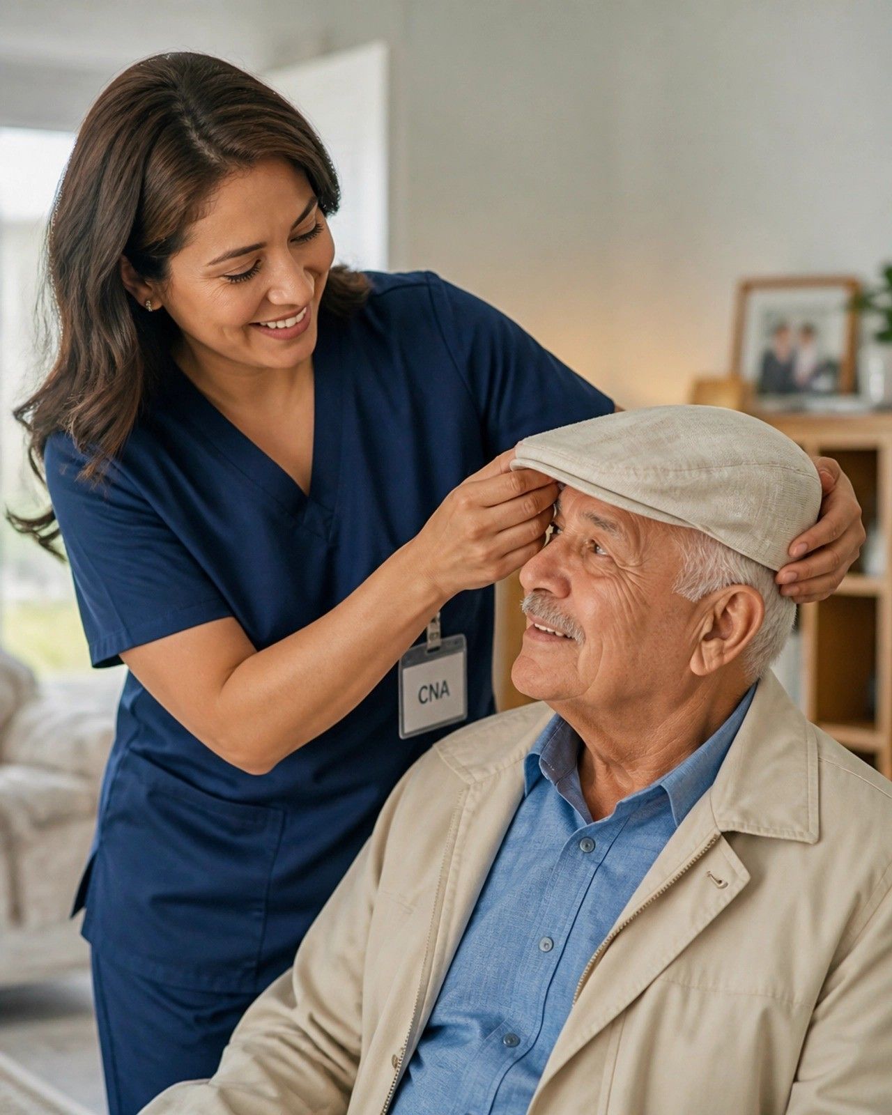 Caregiver adjusting an older males hat
