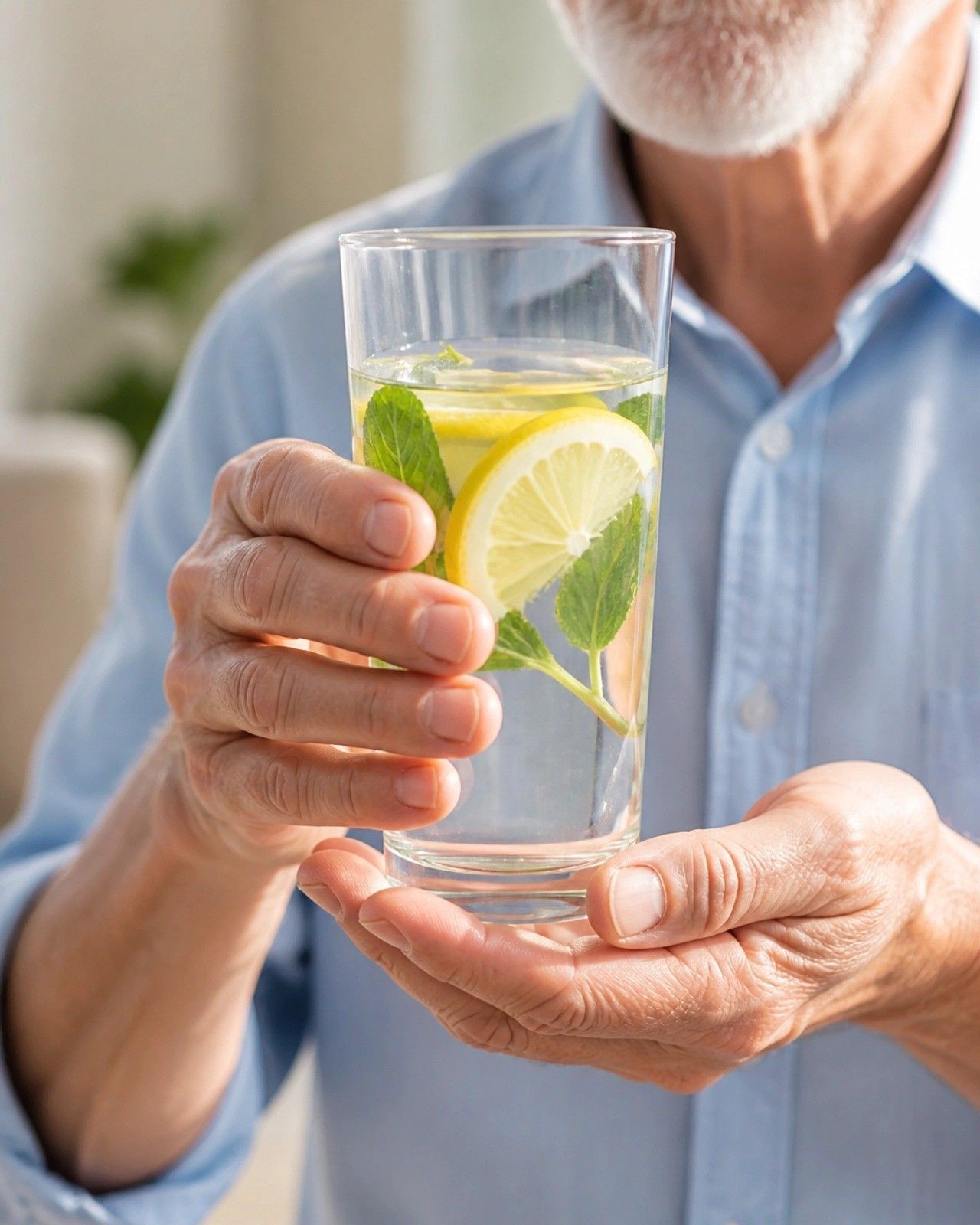 older male holding a glass of water with lemons and mint
