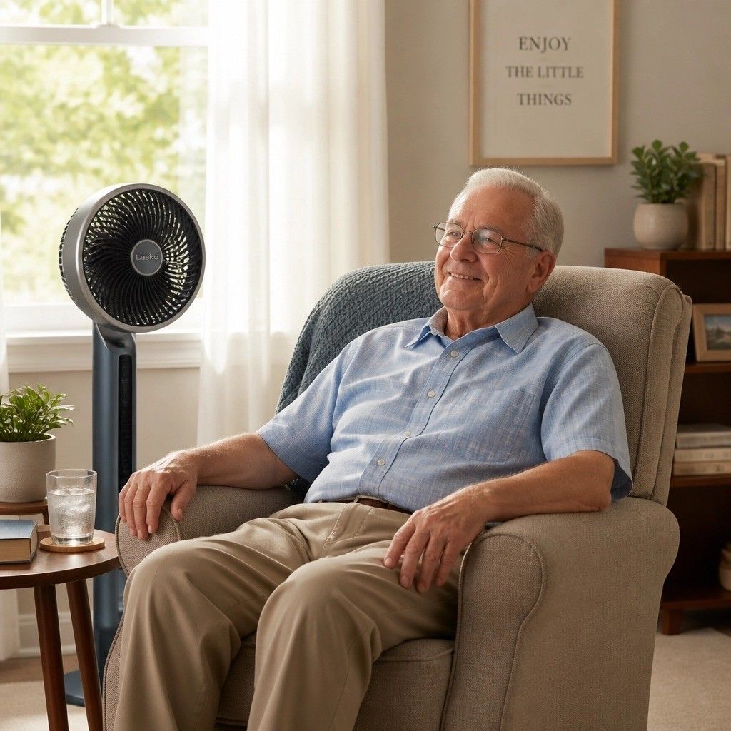 Older male sitting in chair next to an electric fan. Glass of water on table