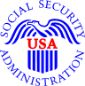 Social Security Administration seal with blue eagle and USA in red and blue