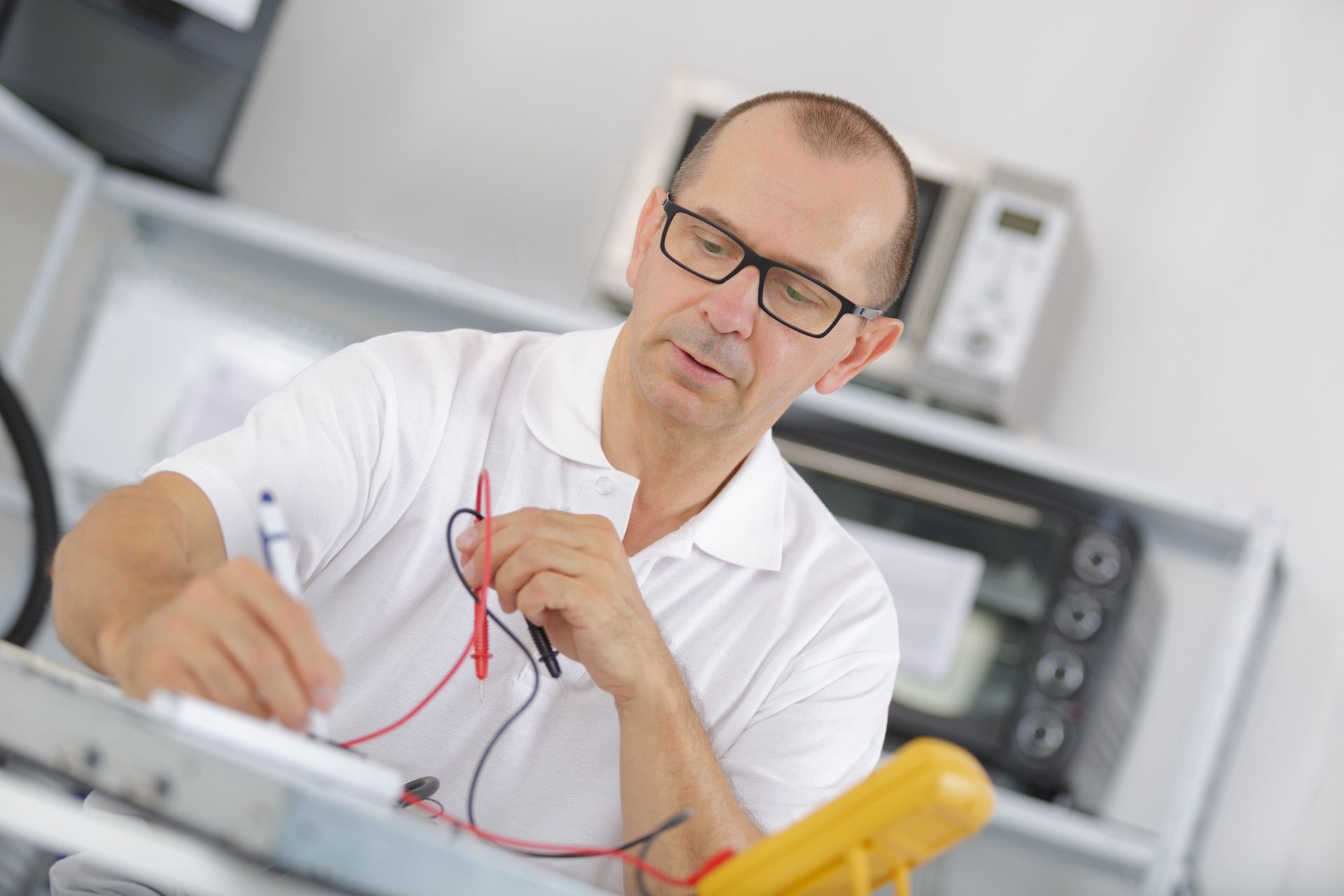 Technician using a multimeter to inspect equipment