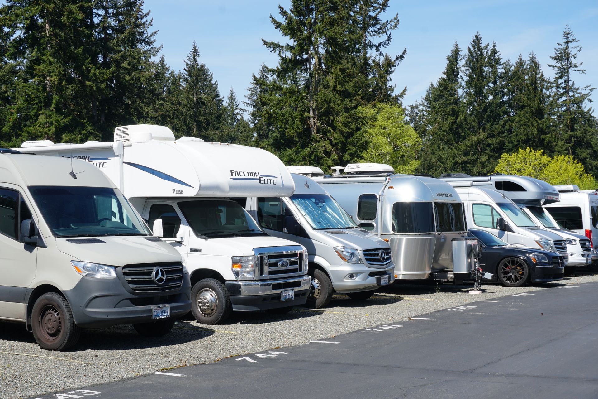 Campers and RVs parked in a gravel lot with trees in the background under a bright sky.